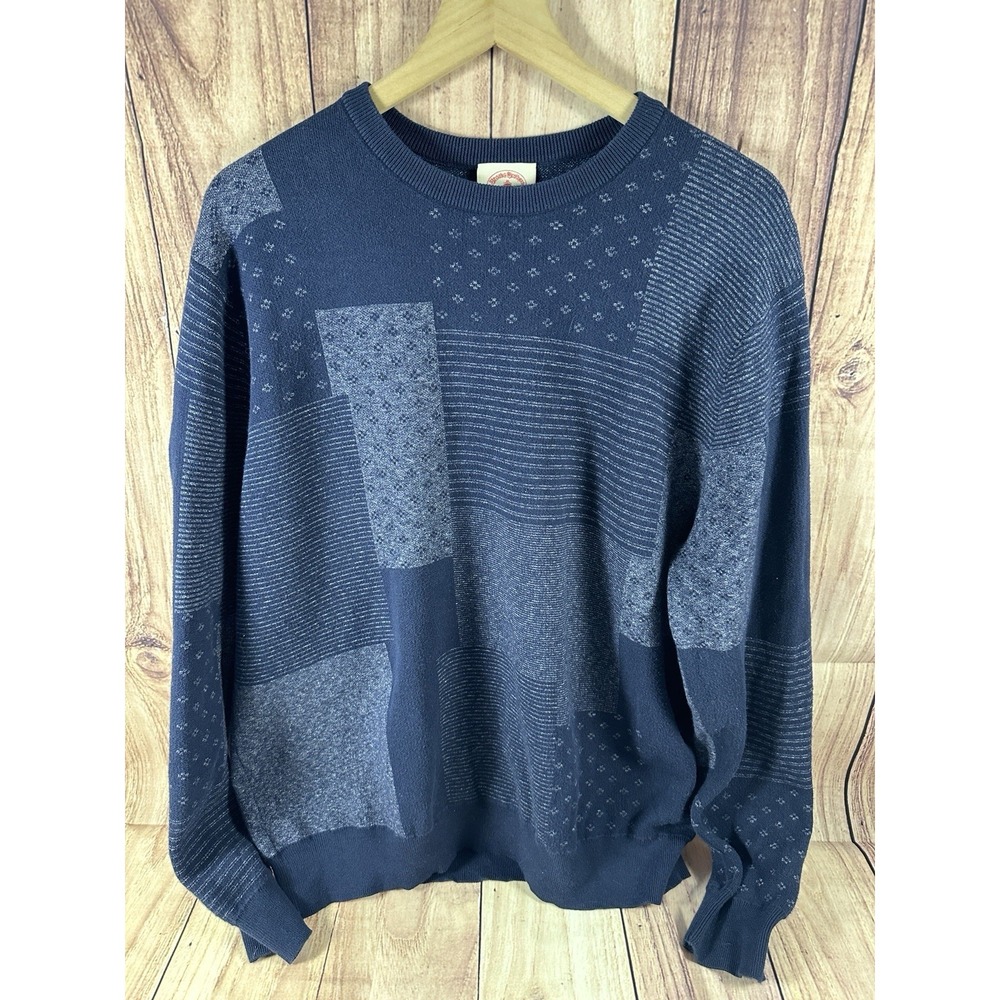 Brooks Brothers Men XL Sweater Red Fleece Knit Pullover Navy Blue Patchwork Crew